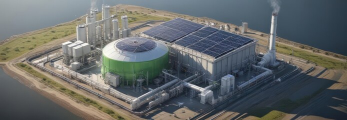 Isometric view of a hydrogen power plant fueled by solar energy  Green technology, clean energy , renewable energy, solar cell, production