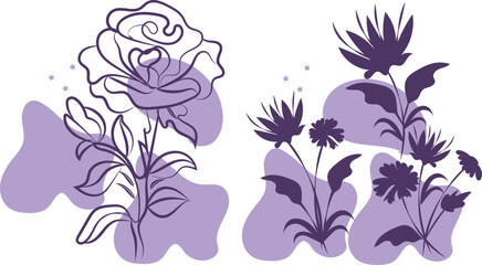 Elegant Line Art and Silhouette Floral Designs with Purple Abstract Shapes
