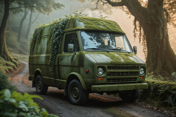Moss-Covered Van Blending into Forest Trail