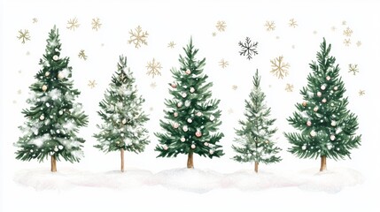 Obraz premium Festive watercolor pine trees in a winter landscape soft snowfall holiday theme serene viewpoint