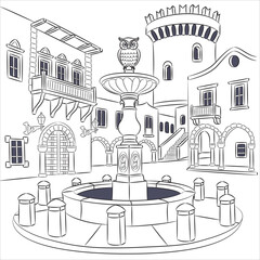Fototapeta premium Hippocrates Square in Rhodes, Greece illustration