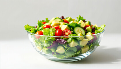 A vibrant and fresh mixed salad in a glass bowl. Composed with various fresh greens, tomatoes, avocado, and cucumber.