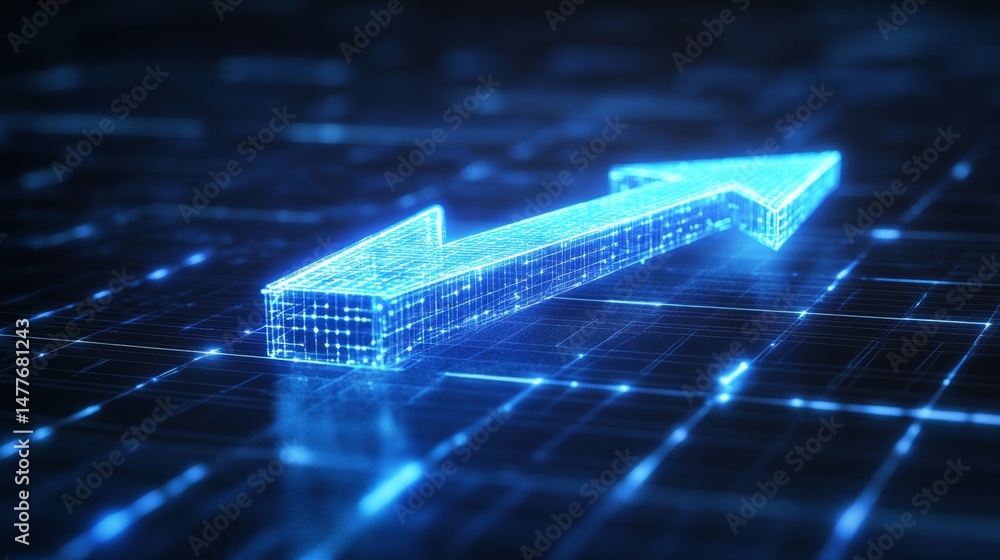 Poster glowing blue arrow navigating through a digital structure virtual environment 3d animation abstract 