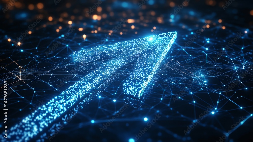 Poster glowing blue arrow navigating through a complex digital network futuristic visualization technology 