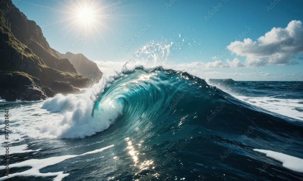 Poster a large wave crashing in the middle of a calm sea, ideal for use as a background or atmospheric elem