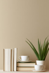 Fototapeta premium minimalist scene showcasing neatly arranged items like books cups and plants emphasizing order and harmony