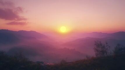 Obraz premium Misty Mountain Range Landscape at Dusk with Golden Sun and Pink Sky
