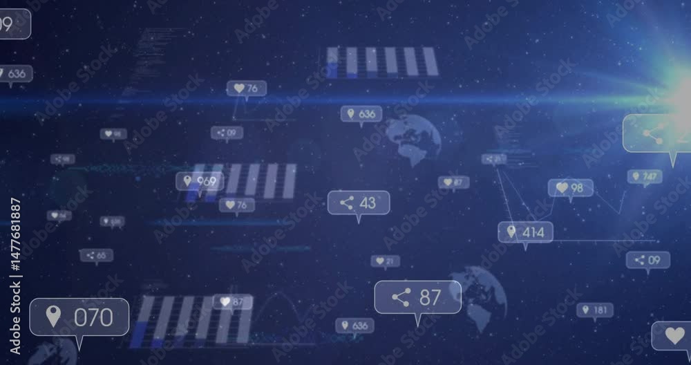 Aufkleber digital analytics interface floating over starry background, displaying social media metrics panels
