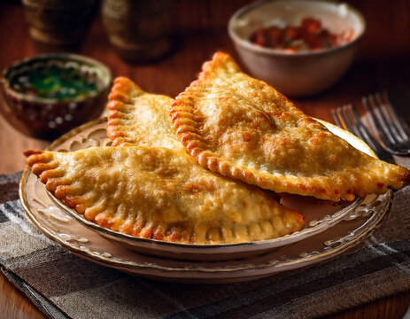 chebureks on a beautiful plate on the dining table