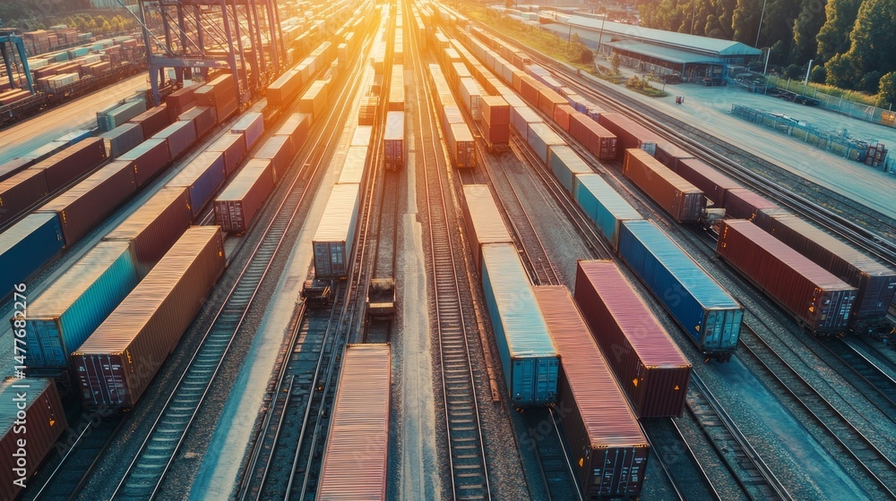 Poster container loading action in intermodal transport logistics at sunset aerial view of rail yard enviro