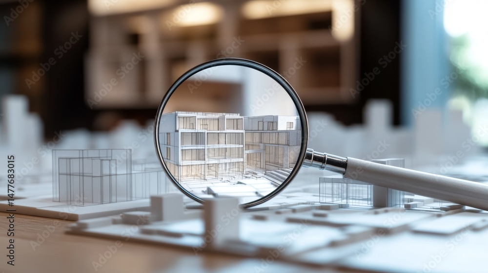 Poster exploring architectural models through a magnifying glass design studio photography indoor setting c