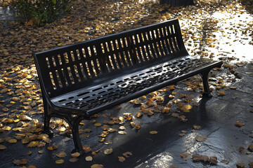 Wet Black Park Bench with Fallen Autumn Leaves