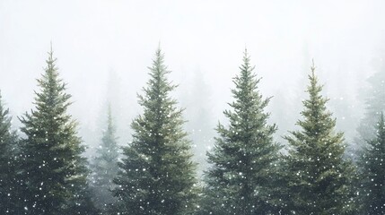 Fototapeta premium Magical watercolor pine trees in snowy forest nature art calm environment serene viewpoint dreamy concept