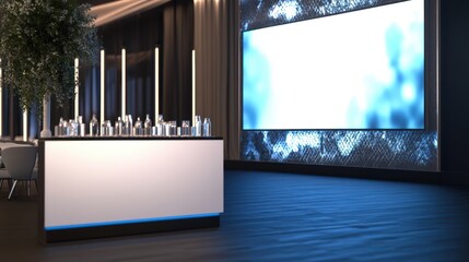 An empty podium set up and ready for a high-impact product launch presentation, designed to create a strong impression and set the stage for a memorable event.