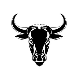 Strength in Silhouette: A bold, close-up portrayal of a bull's head against a clean backdrop, the stark contrast accentuating the powerful horns and fierce gaze, embodying strength and determination.