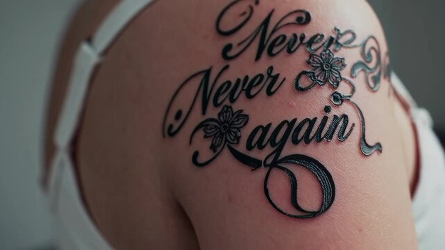 Closeup of intricate floral tattoo design with inspirational text unfolding in slow motion