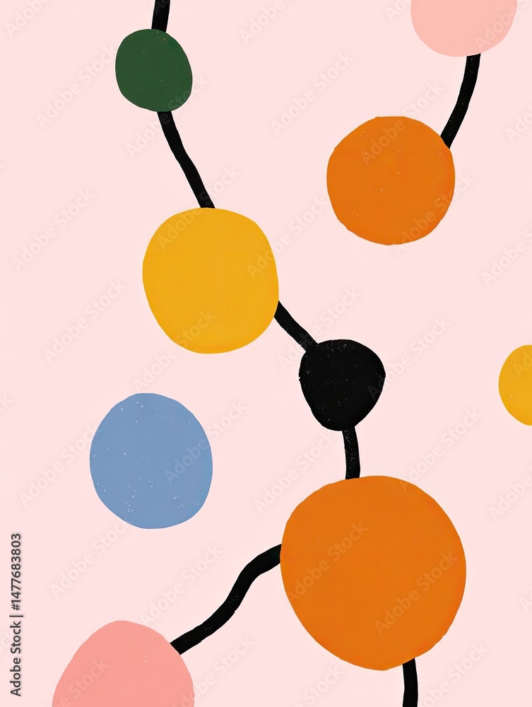 Poster colorful circles connected by curved lines create playful abstra