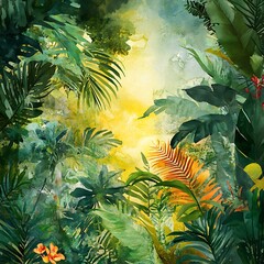 Jungle Dreamscape: Lush tropical foliage explodes with vibrant colors in an evocative watercolor painting. The art captures the essence of a dense, flourishing jungle.