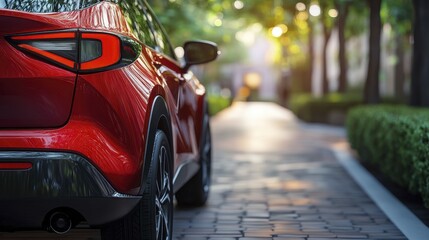Naklejka premium Red Automobile Rear View on Cobblestone Driveway in Summer