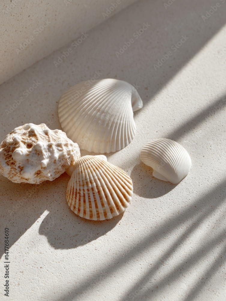 Poster delicate seashells arranged on light surface with soft shadows c