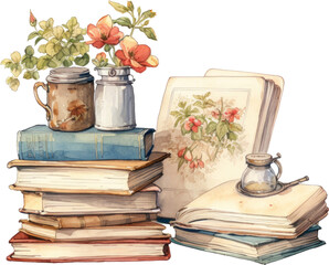Pile of books with ribbons and flowers as back to school watercolor illustration on transparent background 4
