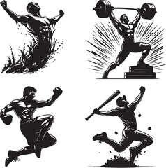 Four black and white illustrations depicting athletes in various sports poses victory