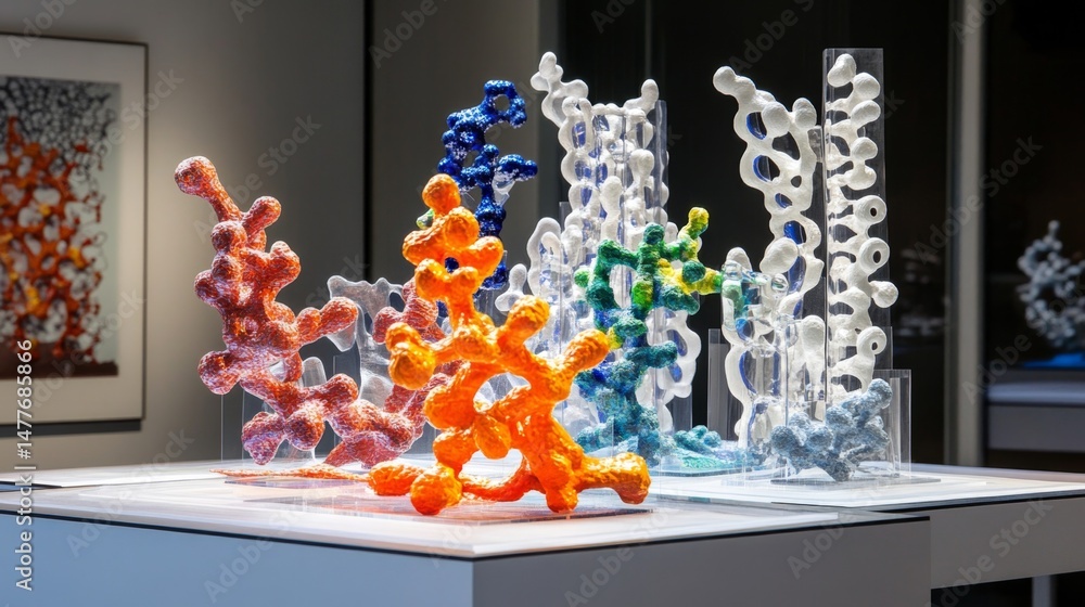 Poster scientific dna model display in a research lab 3d visuals with colorful structures modern environmen