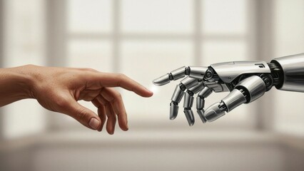 Human and robot hands connecting by fingertips