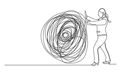 continuous line drawing of business woman push stone rock obstacle sketch editable stroke vector illustration