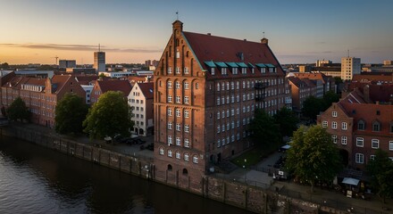 Naklejka premium Riverside Building in City at Sunrise Aerial View