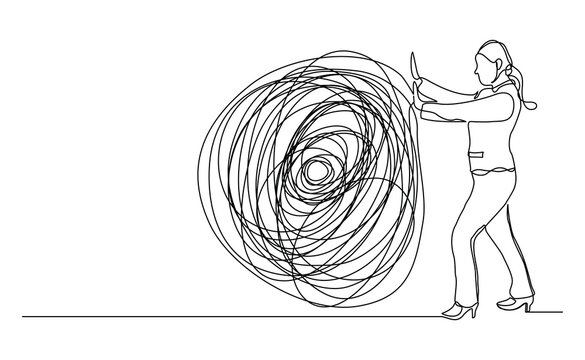 continuous line drawing of business woman push stone rock obstacle sketch editable stroke vector illustration