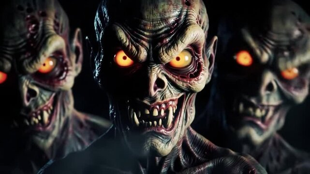Creepy group of zombie monsters with glowing eyes in spooky dark darkness
