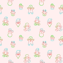 Seamless christmas gradient gingerbread man and snowman christmas ornate illustration holiday background pattern in vector on pink background