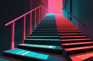 Fototapeta premium Abstract Artistic Staircase with Vibrant Neon Lights and Geometric Shapes in Modern Interior Design - 3D Effect Urban Decor and Futuristic Architectural Render with Bright Colors and Shadows