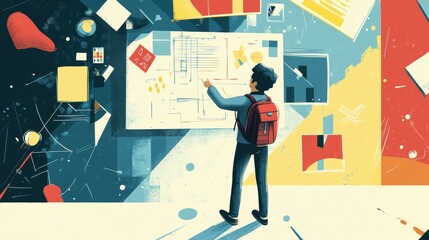 An illustration of AI in education, featuring a man engaging with AI-powered learning tools like adaptive learning platforms or virtual tutors.