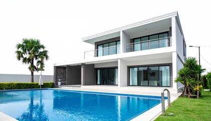 Luxury house model with swimming pool isolated on empty white background