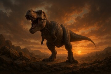Tyrannosaurus rex stands on rocky terrain during sunset. The dinosaur with sharp teeth. Apex predator in prehistoric era