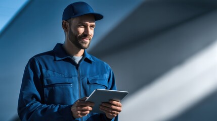 advertising photo, confident young delivery manager holding a tablet with logistics dashboard, standing outdoors in sharp royal blue uniform.