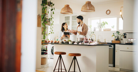 Cooking, couple and tablet with support in kitchen for online recipe, meal preparation or culinary instructions. Nutrition, people and digital app in home for healthy dinner or learning food tutorial