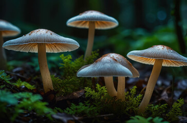 Magical Mushrooms in Serene Subtropical Forest: Close-Up Macro Photography of Fungi Clusters and Flora in Mystical Woodland Undergrowth