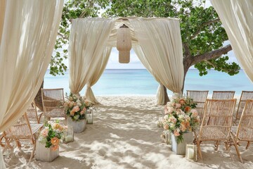 Beachside wedding setup featuring draped fabric and floral arran