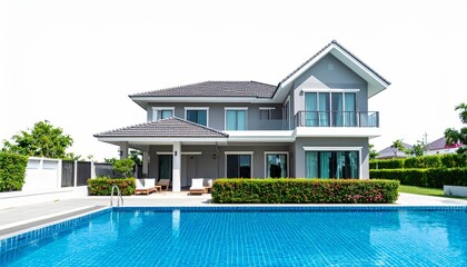 Fototapeta premium Luxury house model with swimming pool isolated on empty white background