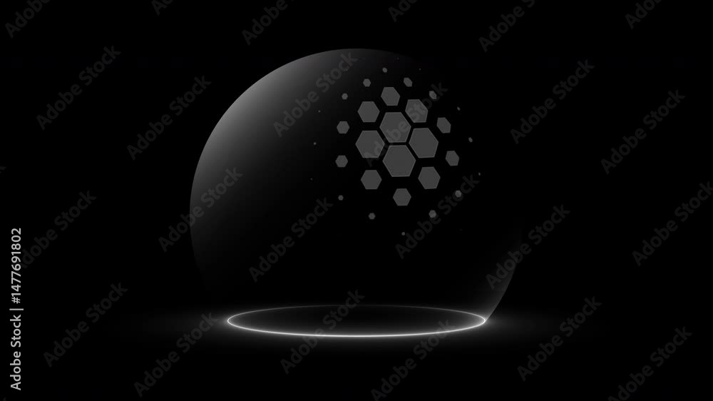 Poster futuristic spherical shield with hexagonal patterns and bubble-like energy surface, symbolizing cybe