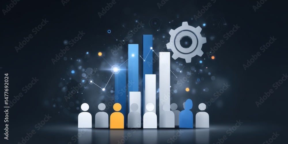 Aufkleber abstract 3d rendering of bar graph with figures, gears, and light effects on dark background. illust