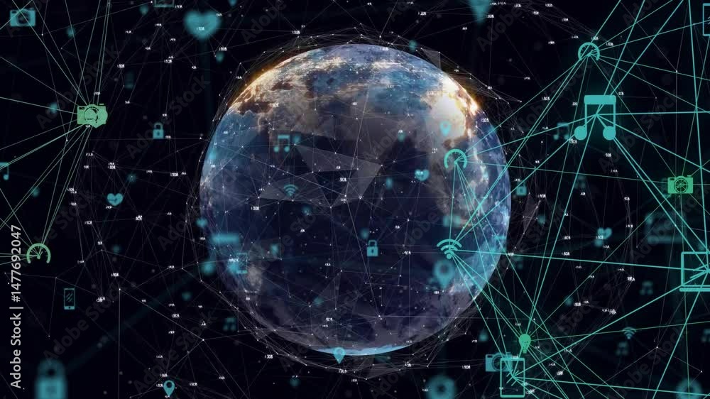 Poster rotating earth globe, projecting glowing network mesh around floating tech icons in 3d render