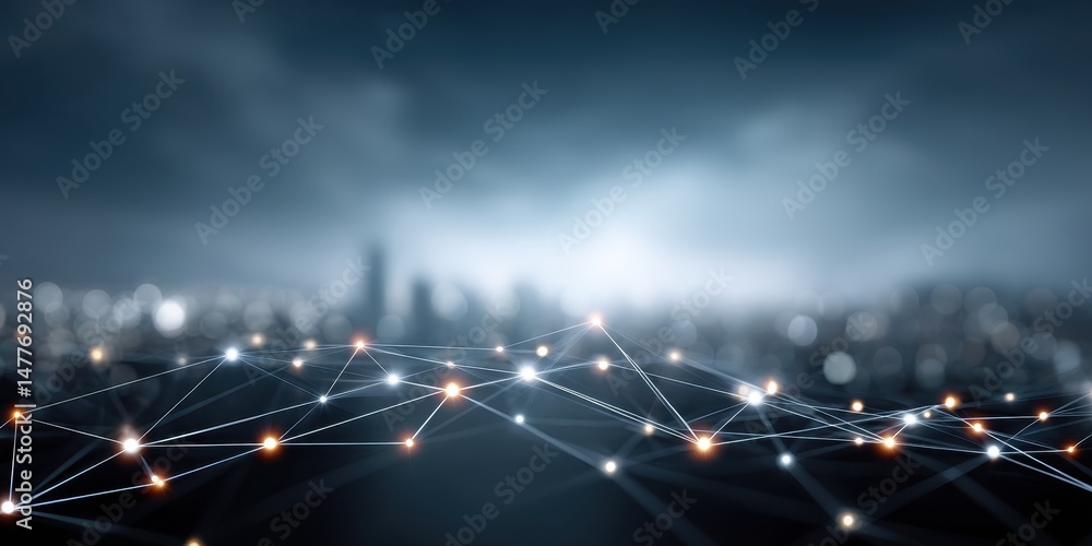 Aufkleber abstract image of a network connection over a blurred cityscape at night. glowing nodes and lines cr