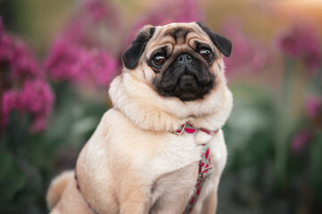 Pug dog in harness sitting outdoors.