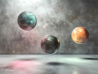 Abstract iridescent spheres float serenely within a dimly lit textured room