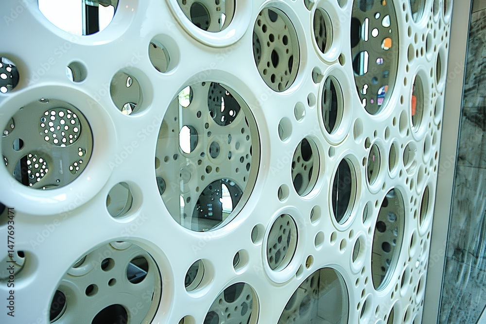 Poster modern wall panel with circular cutouts and reflective surfaces, creating a geometric and artistic a
