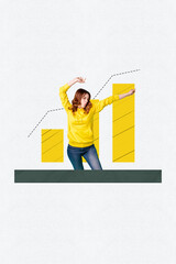 Collage of cheerful woman man celebrating success while standing in front of rising income growth...